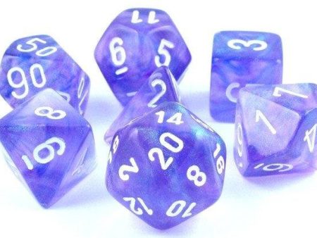 Dice Borealis Polyhedral Royal Purple Gold 7 die set For Sale