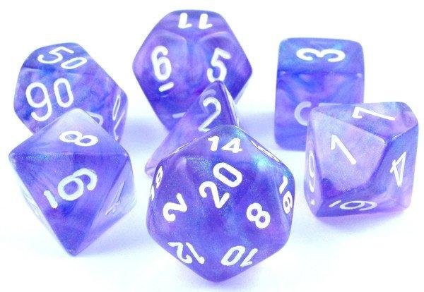 Dice Borealis Polyhedral Royal Purple Gold 7 die set For Sale